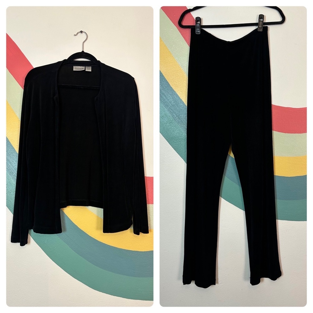 Chicos Travelers Classic Black 2 Piece Set Strait Leg Pants and Jacket Cardigan